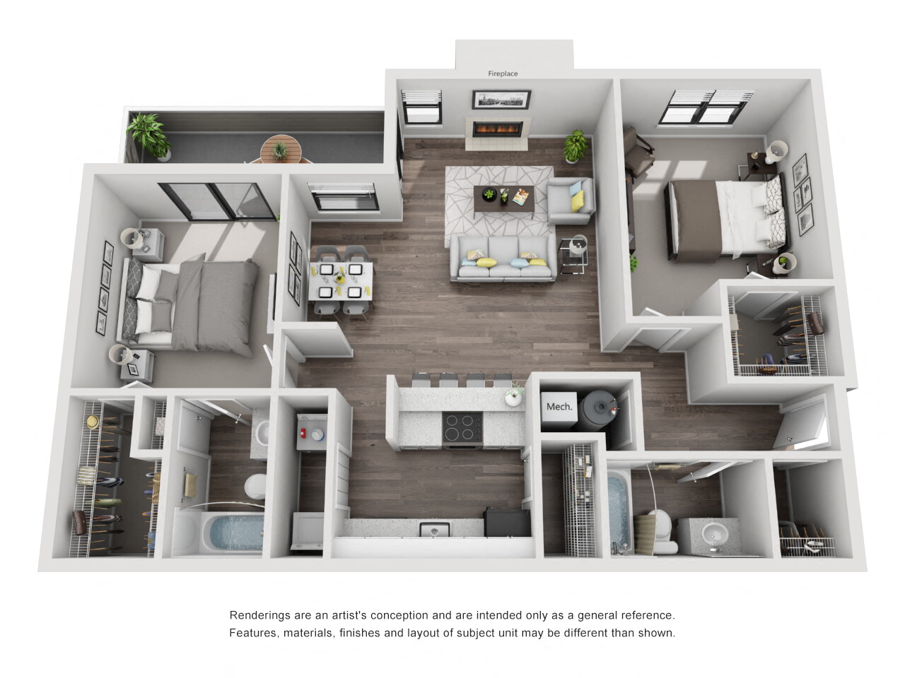 Floor plan for 2 beds, 2 baths, 1170 sqft